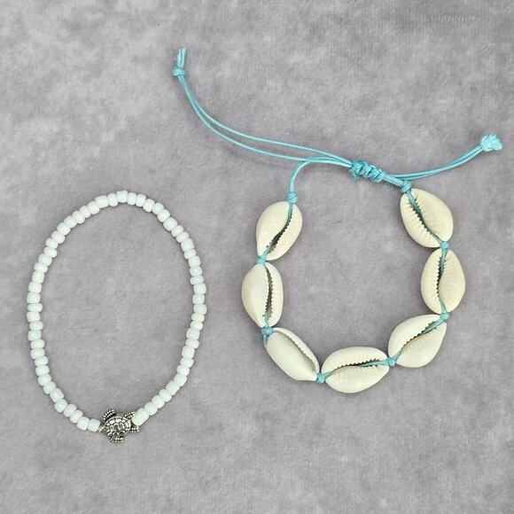 Shell Turtle White Blue Bead Stack String Stretch Bracelet Fashion Jewelry - Picture 1 of 4